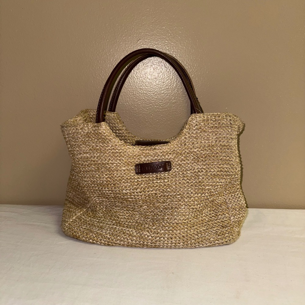 Strada Woven Straw Tote Bag Tan Beige Brown Handles Summer Beach Handbag